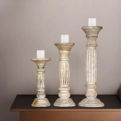 Handmade Eco-Friendly Antique White Mango Wood Set Of Three Pillar Candle Holder