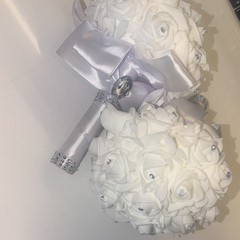 Artificial White Rose Wedding Bouquet 9in w/ Satin Ribbon Handle & Rhinestones