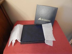 5 X 5 NAVY ART LEATHER ALBUM OFF WHITE MATTED 4 FRAMES NEW