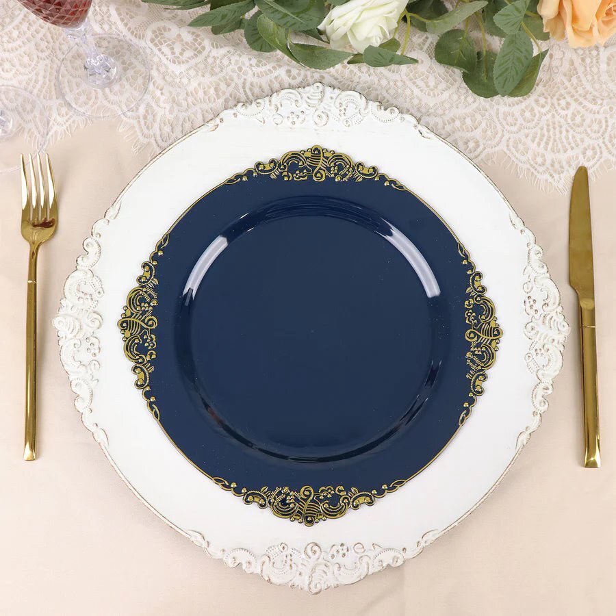 10 NAVY BLUE GOLD 10″ Round Plastic Salad Dinner PLATES Embossed Baroque Rim