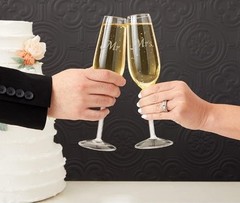 Mr & Mrs 2 Champagne Glasses Crystal Filled Stems Flutes Wedding Bride Groom