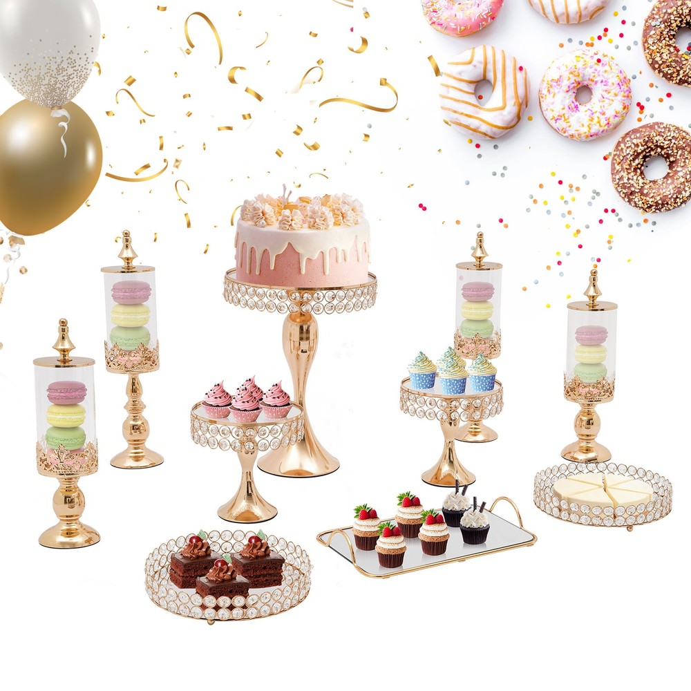 10Pcs Gold Iron Crystal Acrylic Cake Stand Set for Display and Decoration