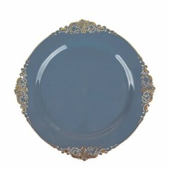 10 DUSTY BLUE GOLD 8″ Round Plastic Salad Dinner PLATES Embossed Baroque Rim