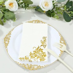 50 White Disposable Paper Napkins with Gold Baroque 16″, and