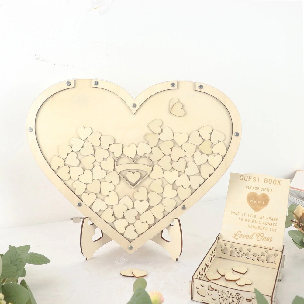 Natural 13 in Wooden Heart Drop Top FRAME Wedding Guest Book Sign Set Events