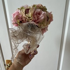 Artificial Pink & Green Rose Wedding Flower Bouquet w/ Ribbon & Lace Bow