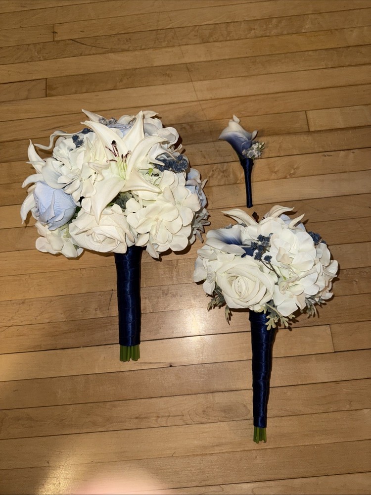 Lot Of 3 Sink Floral Bouquets Bride Groom Maid Of Honor Flower Girl Blue & White