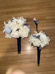 Lot Of 3 Sink Floral Bouquets Bride Groom Maid Of Honor Flower Girl Blue & White