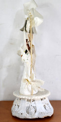 Vintage 1950’s CHALKWARE WEDDING CAKE Topper Arch Brunette Handpainted with Veil