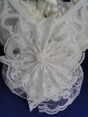 New Vintage Double White Satin Bells Cake topper with elegant Lace #423