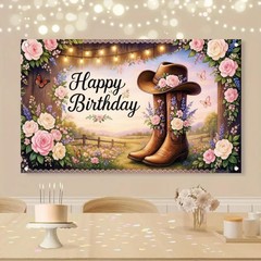 Western Cowgirl Birthday Backdrop Banner Country Boot Hat Floral Glitter Brow…