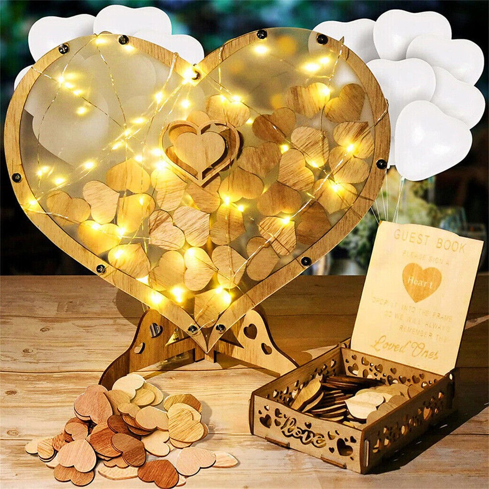 Elegant Wooden Wedding Guest Book w/ 88pcs Hearts and Stand Reception Guestbook