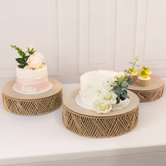 3 NATURAL Pedestal Cake Stands Jute Rattan with Wooden Top Plates Wedding