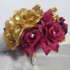 Burgundy Gold Rose Hydrangea Bridal Wedding Bouquet Accessories