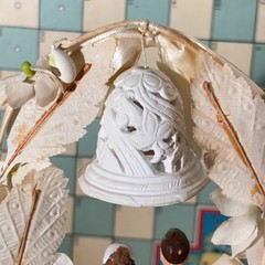 Vtg 1950s Bride Groom Wedding Cake Topper w Signed Bell, Sugar & Composition