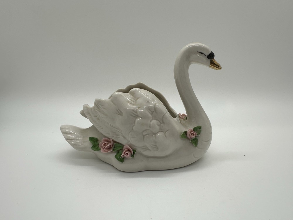 Vintage Dresden Germany Swan With Pink Roses Figurine Wedding Cake Topper