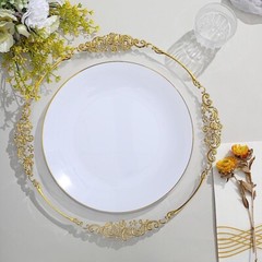 WHITE 10 Glossy 10″ Round Plastic Salad PLATES Gold Rim Party Events Decorations