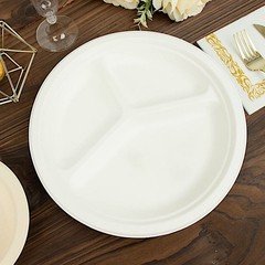 50 Round 10″ White 3-Compartment Sustainable Bagasse Dinner Plates Party Events
