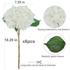 6PCS Hydrangea Artificial Flowers, Bulk Silk Fake Flower with Stems, Faux White