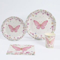 96 White Pink Butterfly Print Disposable Tableware Set Party Events Decorations