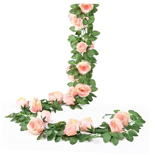 Sherika 2Pcs 14.5FT Artificial Flower Garland with 10 Roses, Fake Silk Pink