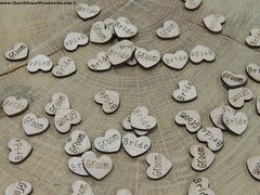 100 Bride and Groom wood hearts rustic wedding, venue decor, confetti, USA