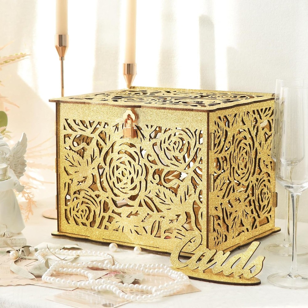 Glittery Gold Wedding Card Box with Lock Wooden Gift Card Box Wedding