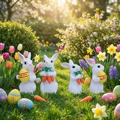 White Rabbit Resin Pair Easter Theme Carrot Egg Home Shelf Decor 2.5x3x6.5cm