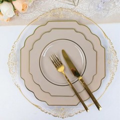 10 Taupe 12″ Baroque PLASTIC DINNER PLATES with Gold Rim Party Event Decorations