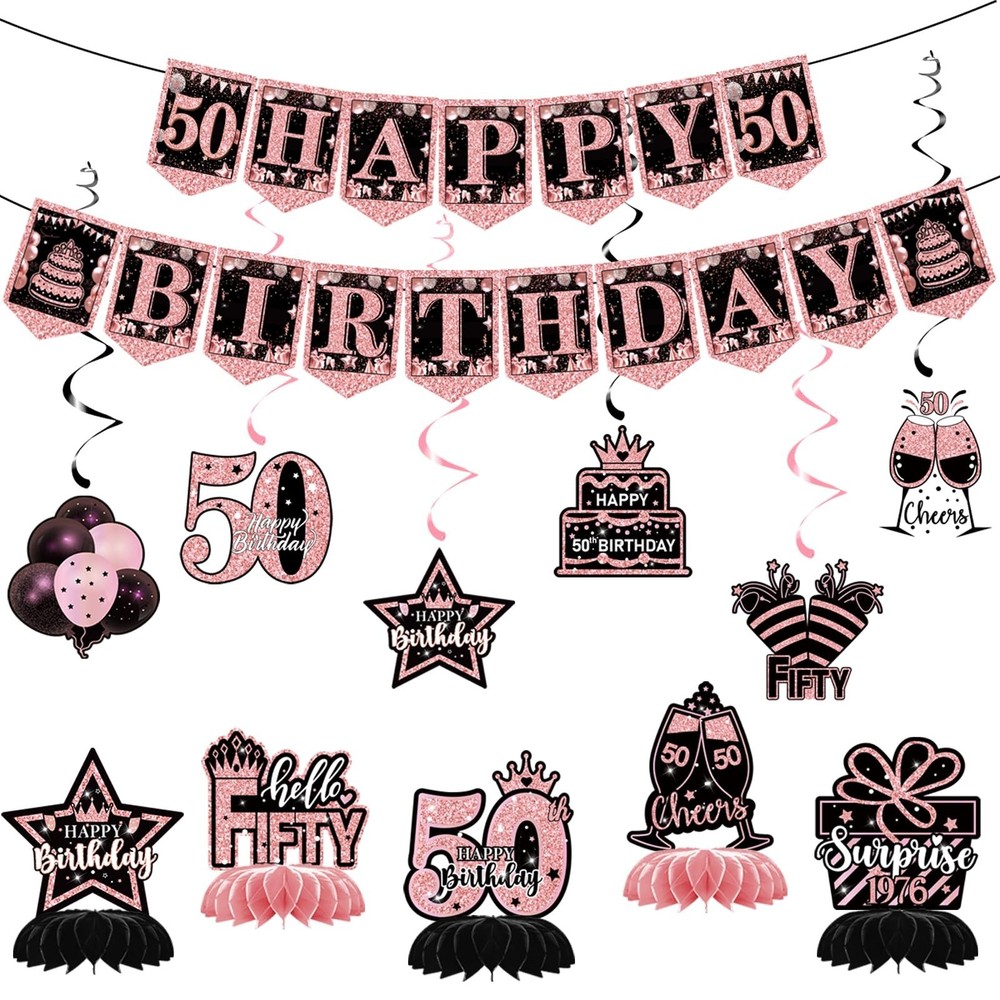 50th Birthday Decorations – 12 PCS Rose Gold Happy 50th Birthday Banner 50th …