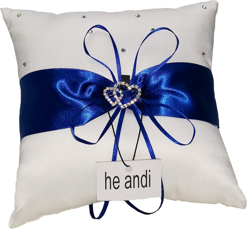 7.8″ Satin Double Hearts Decoration Wedding Ring Bearer Pillow () Blue