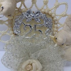 Vintage 25th Wedding Topper 1950’s USA Featuring Two Doves Yellowed But Gorgeous