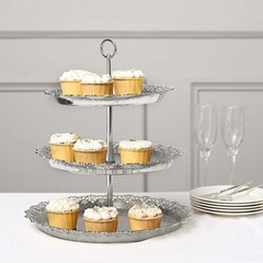 15″ Metallic Silver 3 Tier Plastic Cupcake Stand Round Tower Lace Cut Trim Party