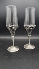 Pair Pewter Glass Champagne Flutes Roses Grapes Wedding Toast Goblets