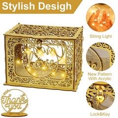 Glitter Wooden Gold Wedding Gift Card Money Box With Heart Lock String Light
