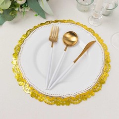 50 GOLD Round Disposable Metallic Lace Design Paper PLACEMATS Party Tableware