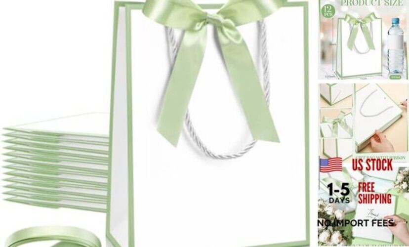 Pcs Wedding Paper Gift Bags with Handle 9x7x3.15» Thank 12 White, Sage Green