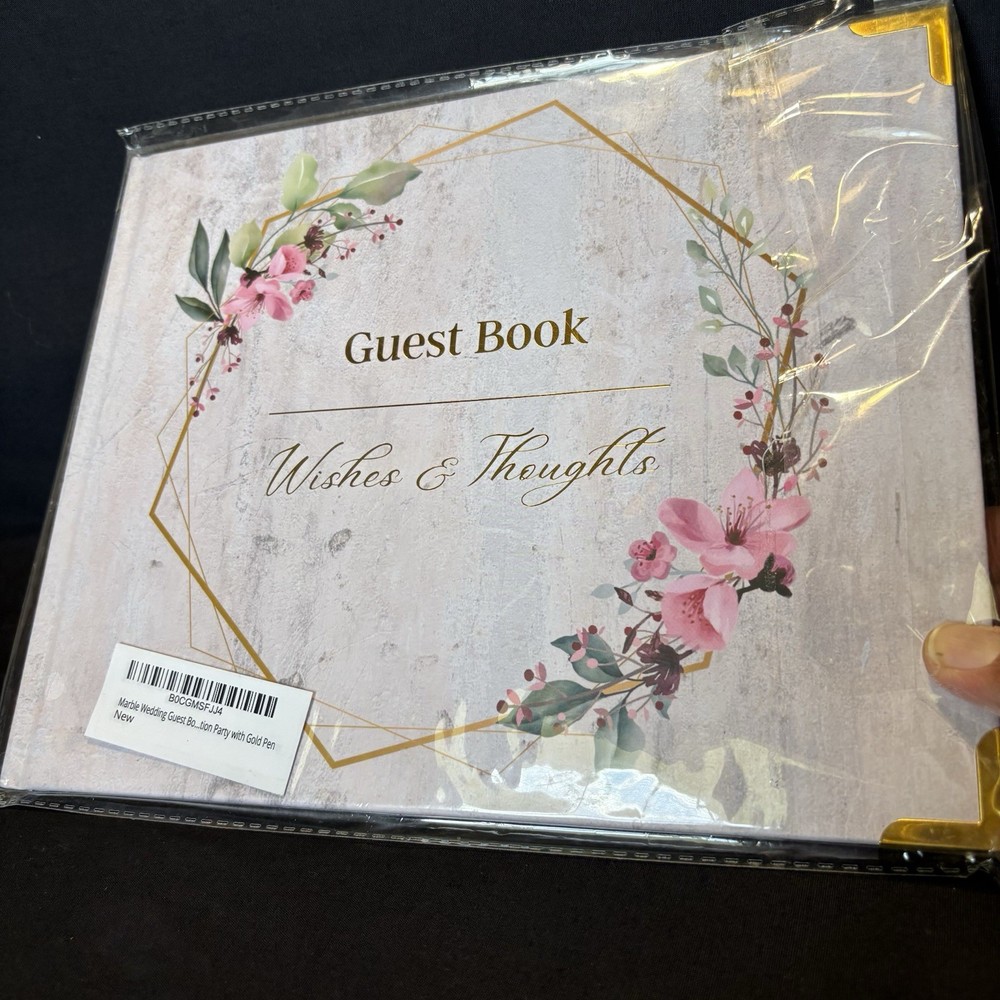 White Marble Colored Hardcover Floral Guest Book «Wishes & Thoughts» Pink & Gold