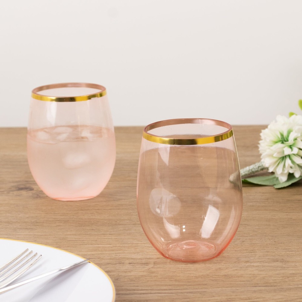 12 pcs 14 oz BLUSH with GOLD Rim Stemless Plastic Wine Glasses Party Supplies