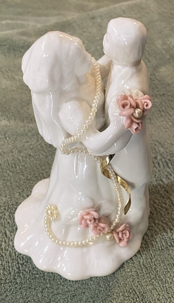 Custom Wedding Cake Topper Bride Groom Pink Roses Pearls White Gold Accents OOAK