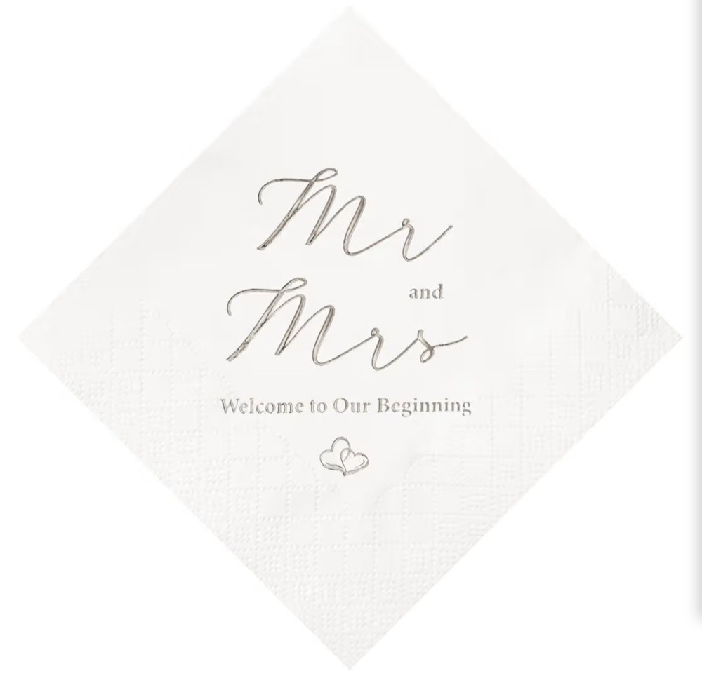 🎉 Grand Opening Special! Crisky Mr and Mrs Silver Foil Wedding Napkins 100Count