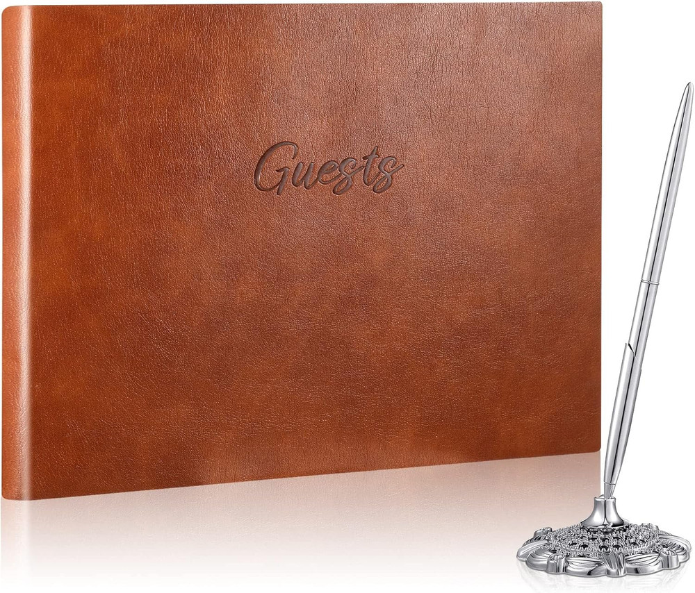 Leather Guest Book and Pen Stand Set, 10.5″ X 8″ Embossed Guests Sign in Book Re