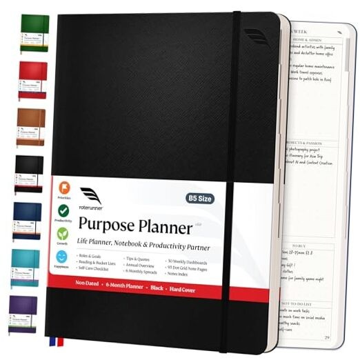 Purpose Planner Notebook B5 7.5”x9.8” Undated Planner 2025 B5 Hardcover Black