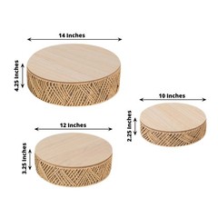 3 Natural Pedestal Cake Stands Jute Rattan with Wooden Top Plates Wedding