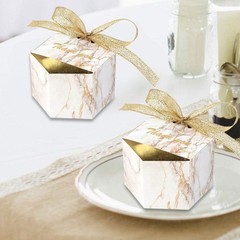 Marble Wedding Favor Boxes Set of 50 with Gold Ribbons – Ideal for Celebrations