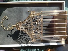Gold Finish Metal Heart Bird Cage+Adj Hanging Chain Wedding Card Holder Planter