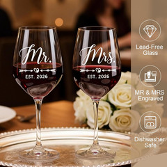 Wedding Gifts for Couples 2026 Mr and Mrs Engraved Wine Glasses Engagement Gift