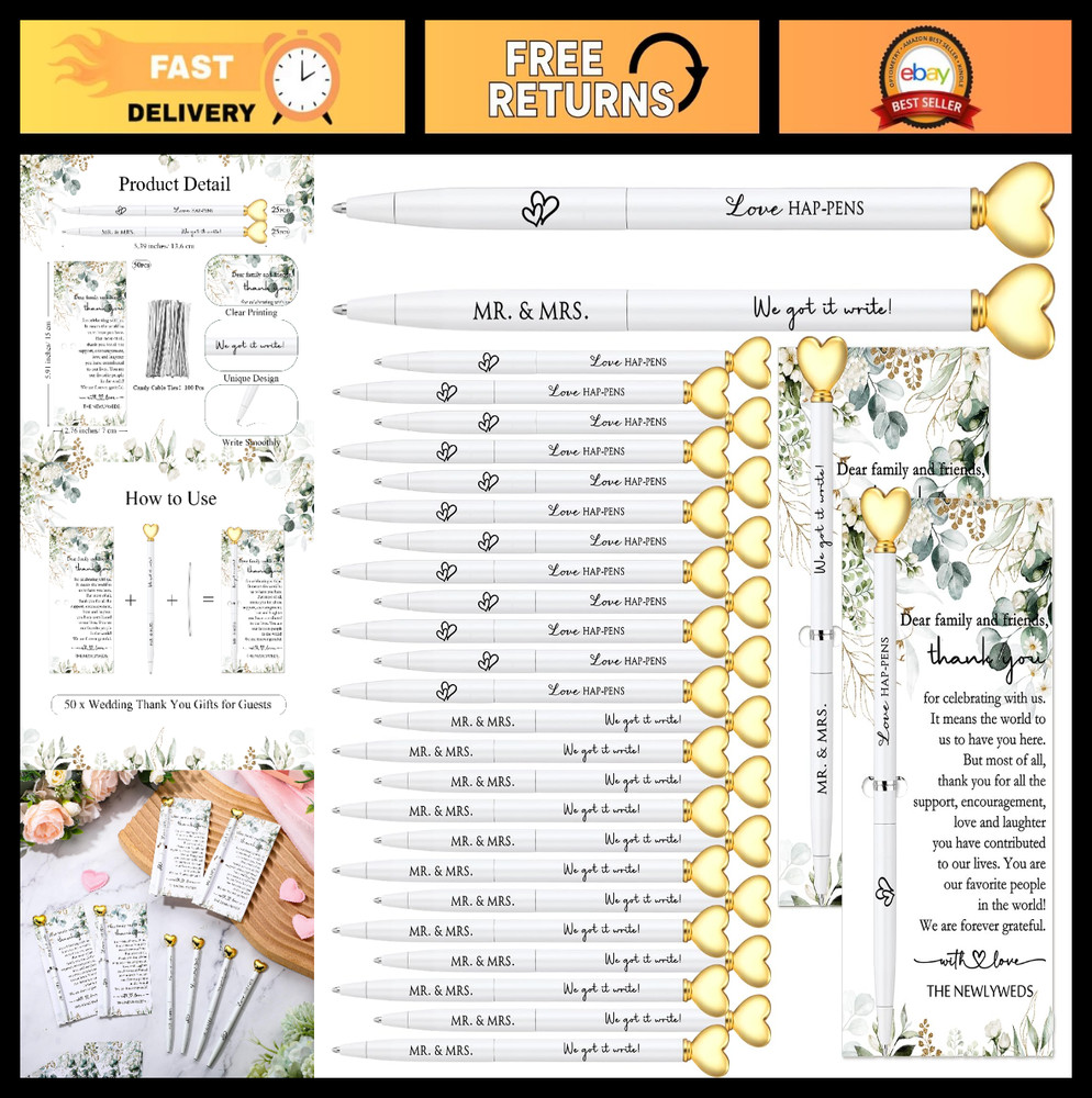 50 Sets Wedding Guest Book Pens, White Ballpoint with Gold Heart Top, Thank You
