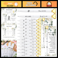 50 Sets Wedding Guest Book Pens, White Ballpoint with Gold Heart Top, Thank You