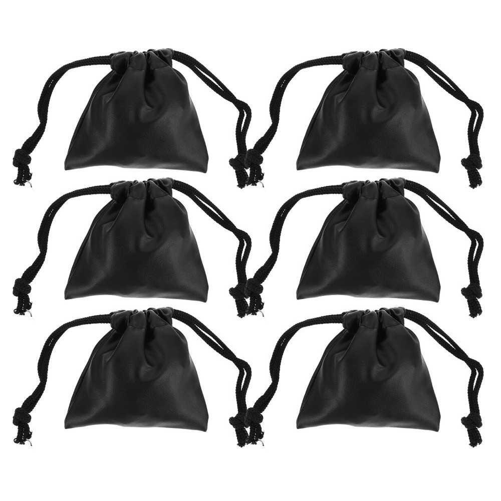 6Pcs Reusable PU Storage Bags Waterproof Drawstring Jewelry Pouches Black